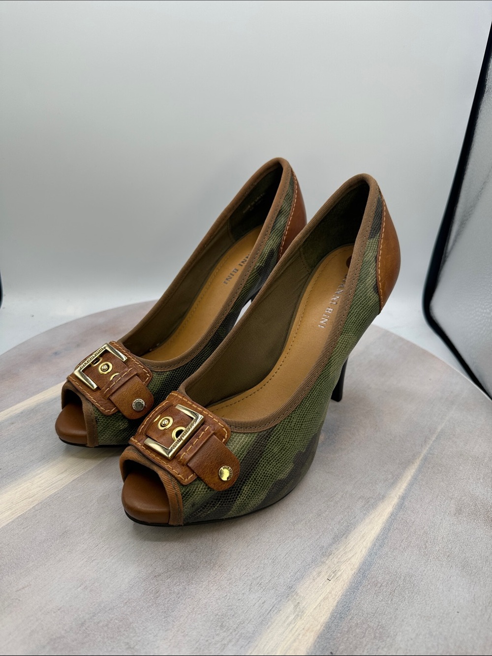 Gianni Bini Green Camouflage Peep-Toe Heels with Brown Trim and Gold Buckles